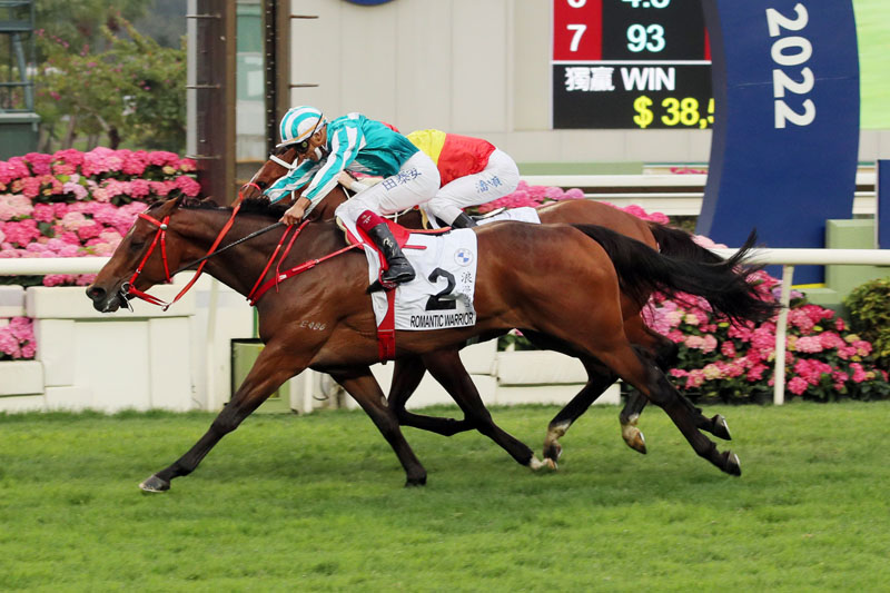 The Danny Shum-trained Romantic Warrior, ridden by Karis Teetan, takes the BMW Hong Kong Derby (2000m), the final leg of the Four-Year-Old Classic Series, at Sha Tin Racecourse.