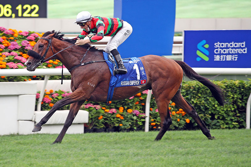 Russian Emperor, trained by Douglas Whyte and ridden by Blake Shinn, wins the G1 Standard Chartered Champions & Chater Cup (2400m) at Sha Tin Racecourse.