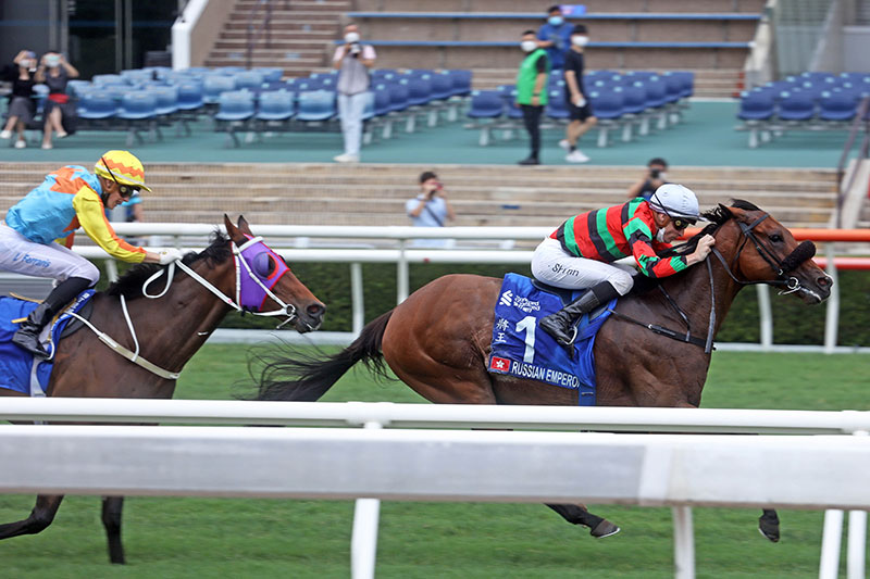 Russian Emperor, trained by Douglas Whyte and ridden by Blake Shinn, wins the G1 Standard Chartered Champions & Chater Cup (2400m) at Sha Tin Racecourse.
