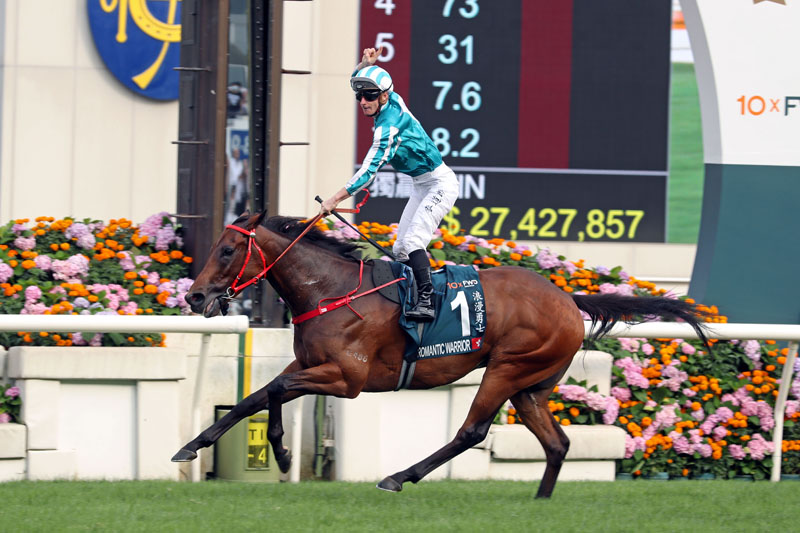 Romantic Warrior wins the FWD QEII Cup (Group 1, 2000m) at Sha Tin Racecourse for trainer Danny Shum and jockey James McDonald.