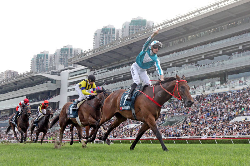 Romantic Warrior, trained by Danny Shum and ridden by James McDonald, wins the G1 FWD QEII Cup (2000m) at Sha Tin Racecourse.
