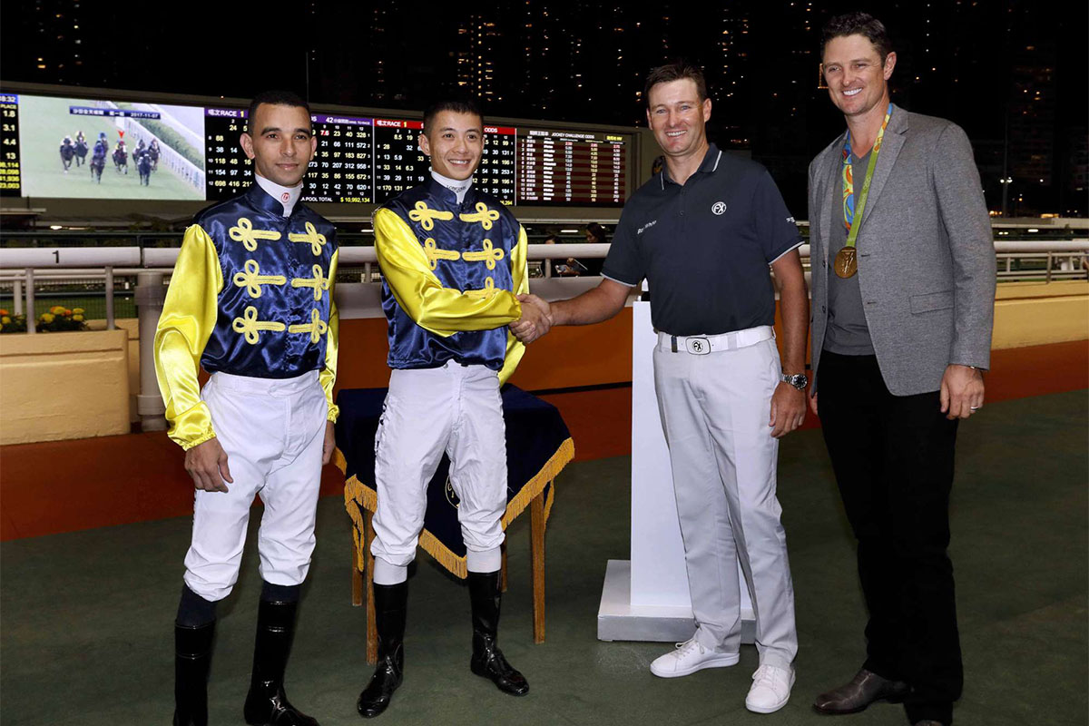 (左起)三屆香港冠軍騎師莫雷拉、上年度馬季告東尼獎得主騎師梁家俊、2016年瑞銀香港高爾夫球公開賽冠軍森巴素與2016年里約奧運金牌得主羅斯。