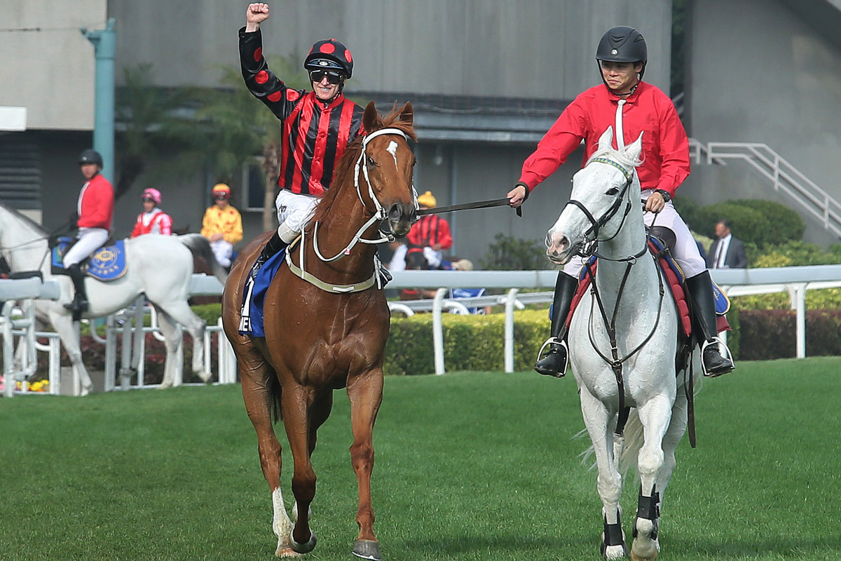 三冠大賽次關賽事花旗銀行香港金盃今日於沙田馬場舉行，騎師潘頓夥拍告東尼馬房的「馬克羅斯」（1號），力壓「明月千里」（2號），在這場途程2000米的一級賽中勇奪冠軍。