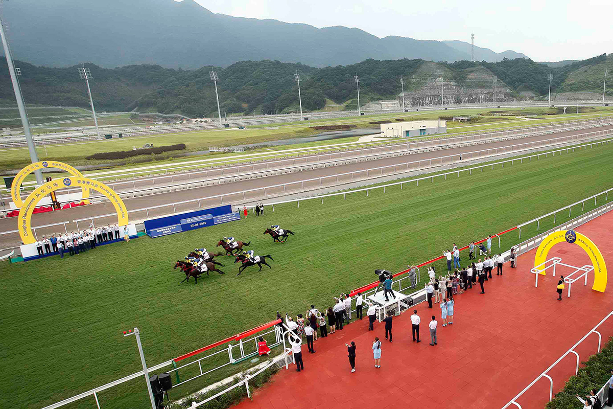 六位香港騎師策騎駿馬在草地跑道上馳騁，衝過勝利拱門。
