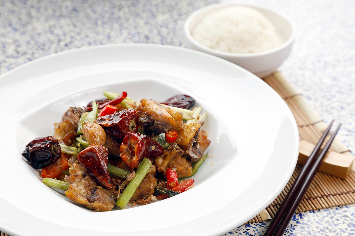 Stir-fried Chicken with Chili, Chongqing Style, served with Rice