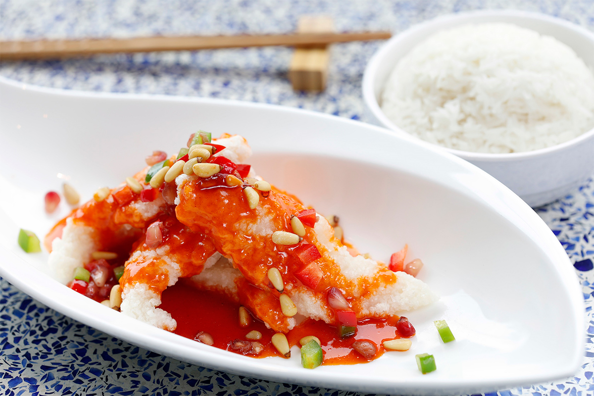 Deep Fried Fish Fillet with Pomegranate Seeds, Sweet and Sour Sauce, served with Rice