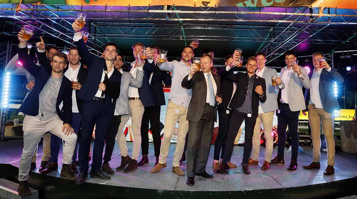 Members of the Richmond Tigers, winners of the Australian Football League Grand Final, enjoy the Oktoberfest party at Happy Valley Racecourse with Mr. Winfried Engelbrecht-Bresges, Chief Executive Officer, The Hong Kong Jockey Club.