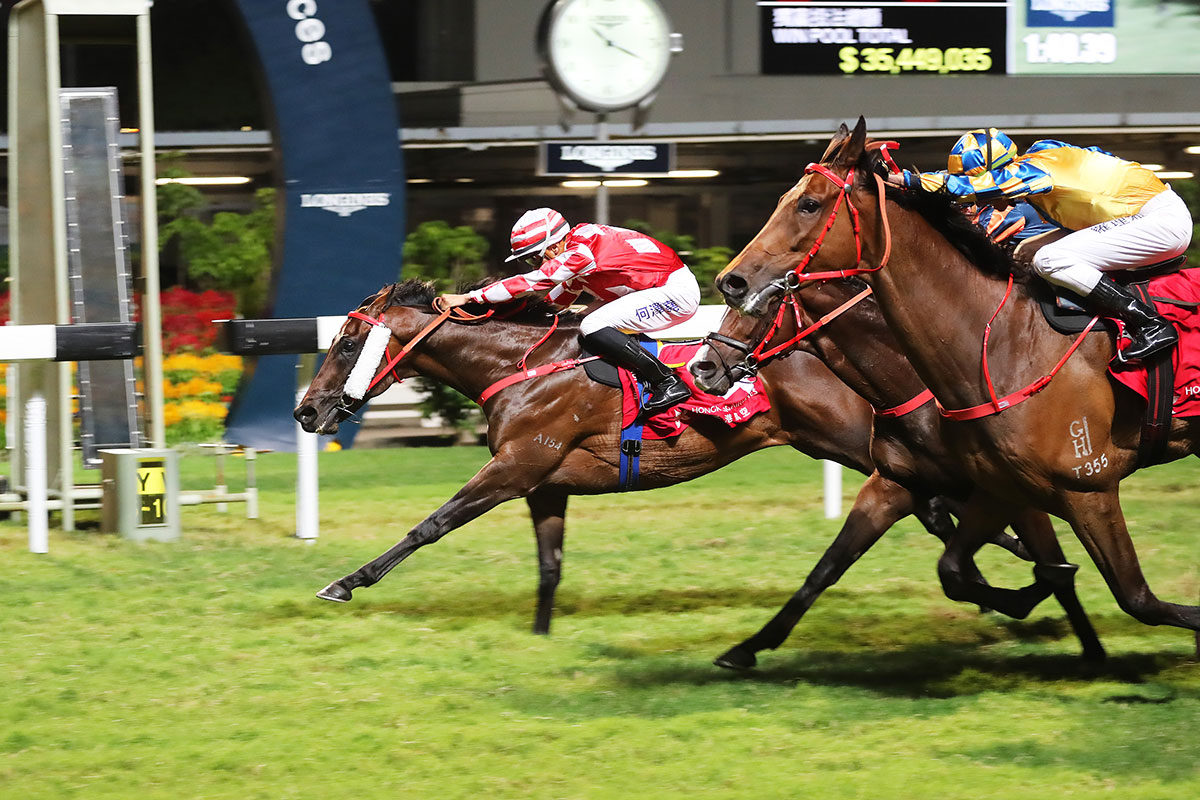 Vincent Ho drives Dr Win Win to the line to win the Class 3 Dordenma Handicap for trainer Frankie Lor.