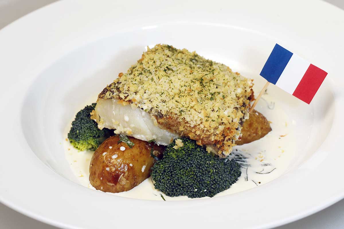 France - Oven-baked Cod Provencal, served with New Potatoes and Sorrel Sauce $85