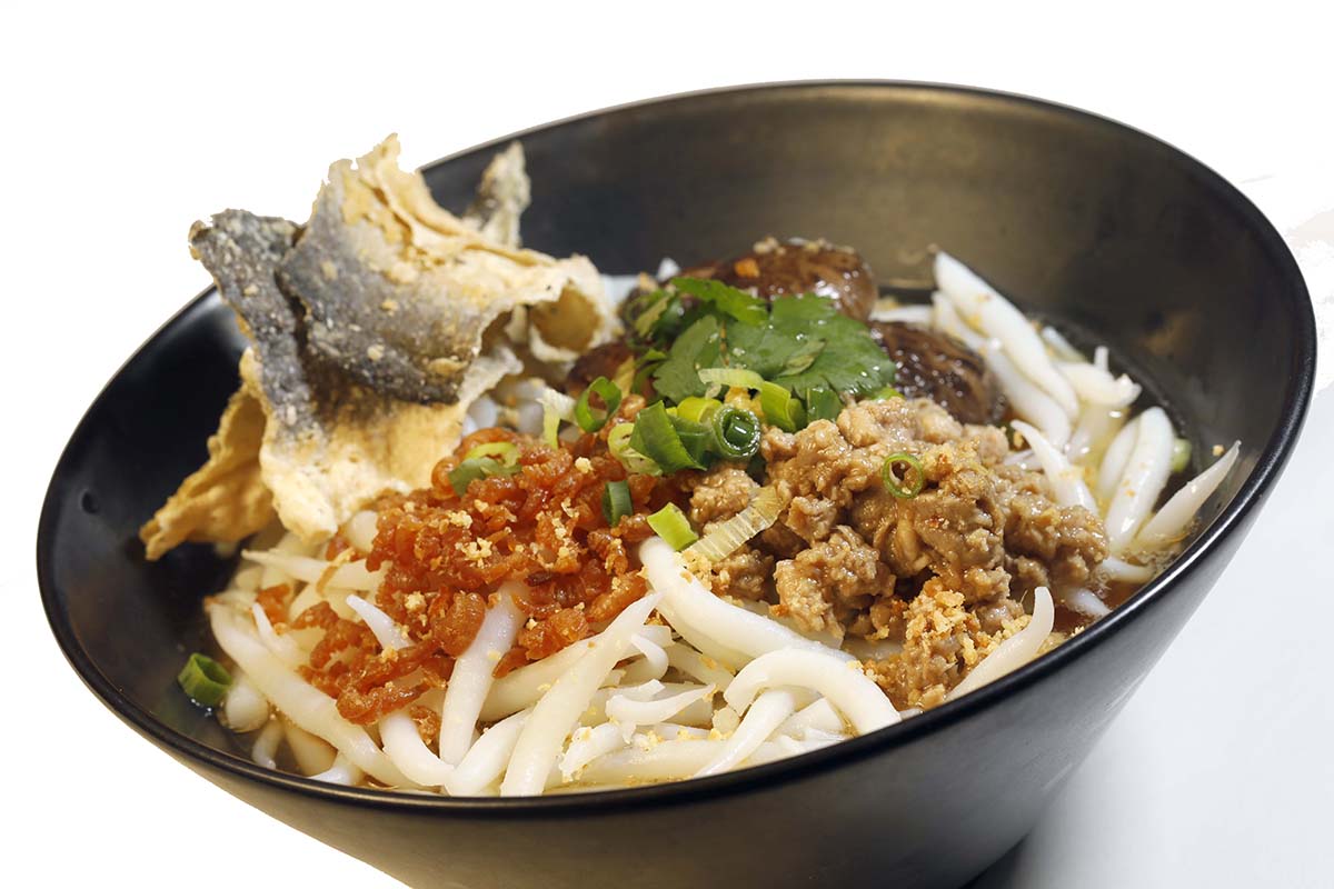 HK - Soup Rice Noodles with Chinese Dried Mushrooms, Minced Pork, Dried Shrimps and Crispy Fish Skin $45