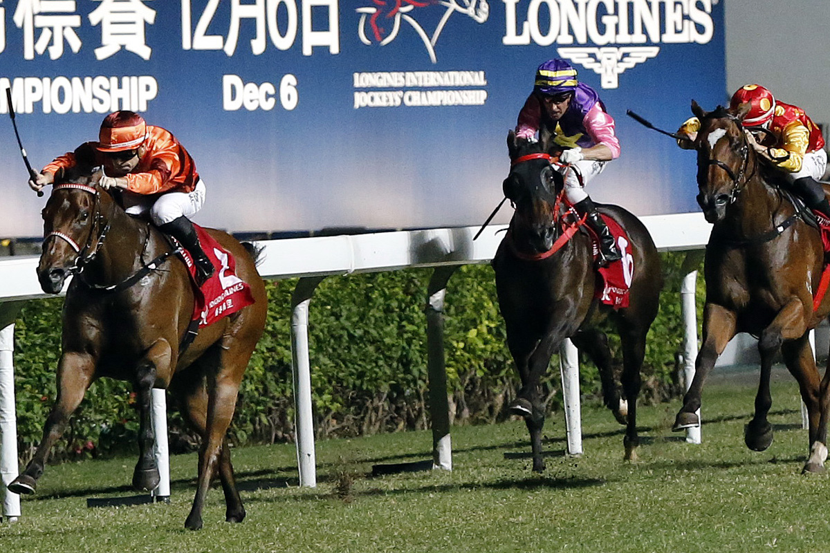Fantastic Eight (in orange) storms to Class 3 success in his debut at Happy Valley last month.