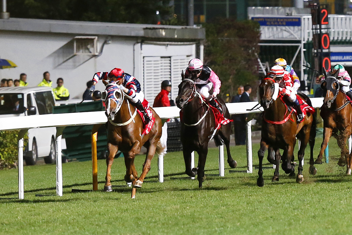 Mister Monte (red cap) makes his Hong Kong breakthrough with an emphatic win in the second section of Class 3 Hydrangea Handicap.