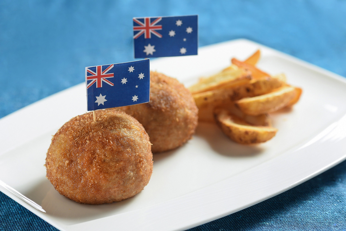 Australia-Deep Fried Australian Beef Patties with Egg (2 pcs), served with Potato Wedges