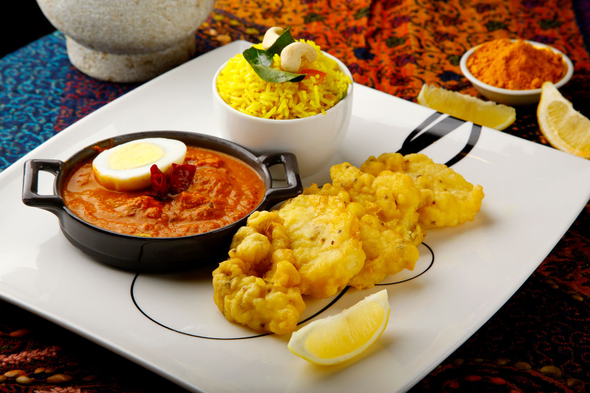 Punjabi Curry Fish and Boiled Egg, Lemon Rice & Mango Chutney
