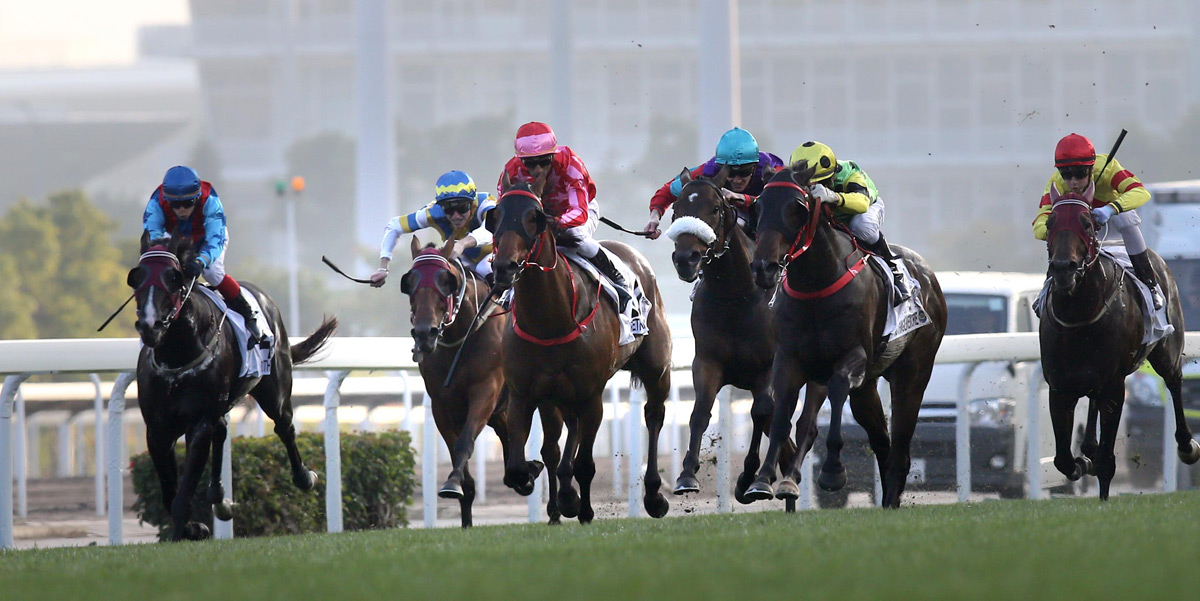 Rivet (red cap/yellow silk) and Ruthven (blue cap/blue silks) both finished behind Nothingilikemore (in green/yellow) in the Hong Kong Classic Mile in January.