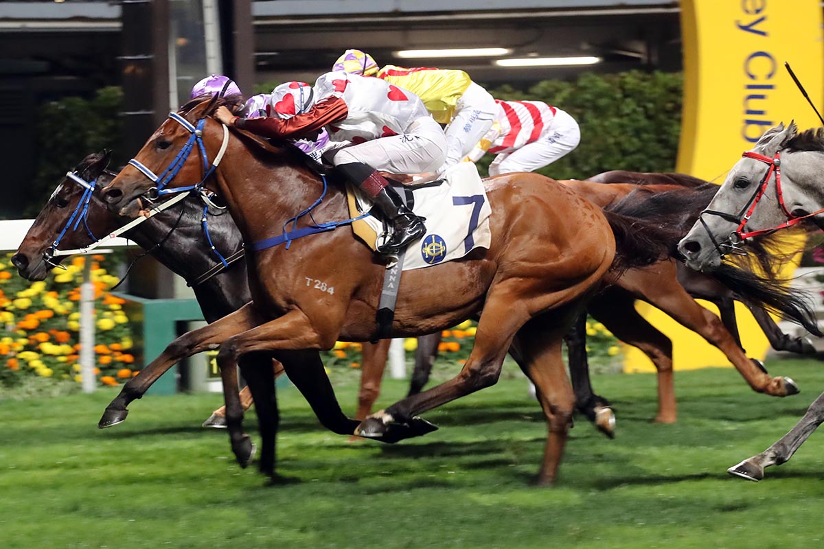 Dr Race (No. 7) takes the honours in a pulsating finish to the Class 4 Shek Kip Mei Handicap.