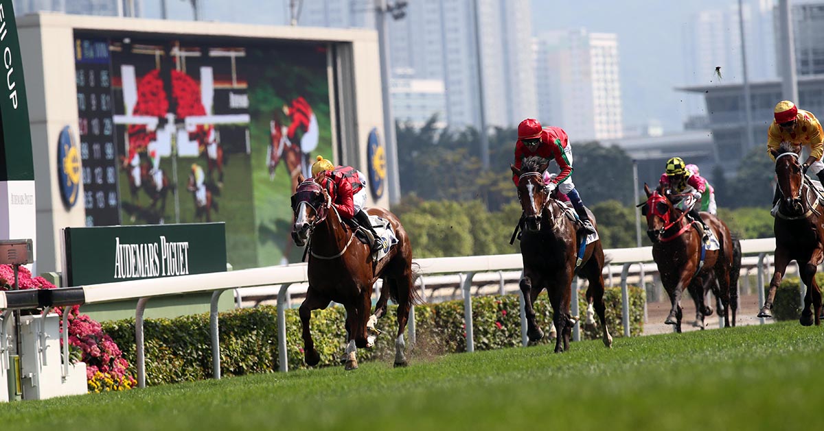 Helene Charisma (red cap) finishes a creditable second behind Eagle Way in the G3 Queen Mother Memorial Cup last season.