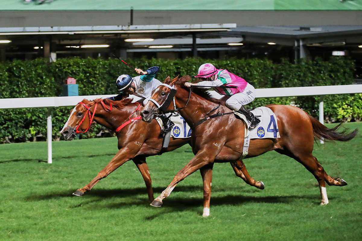 Gunnison (blue and white) scores a first Hong Kong win under Joao Moreira, holding off Fortune Booth (pink and green) and Zac Purton.