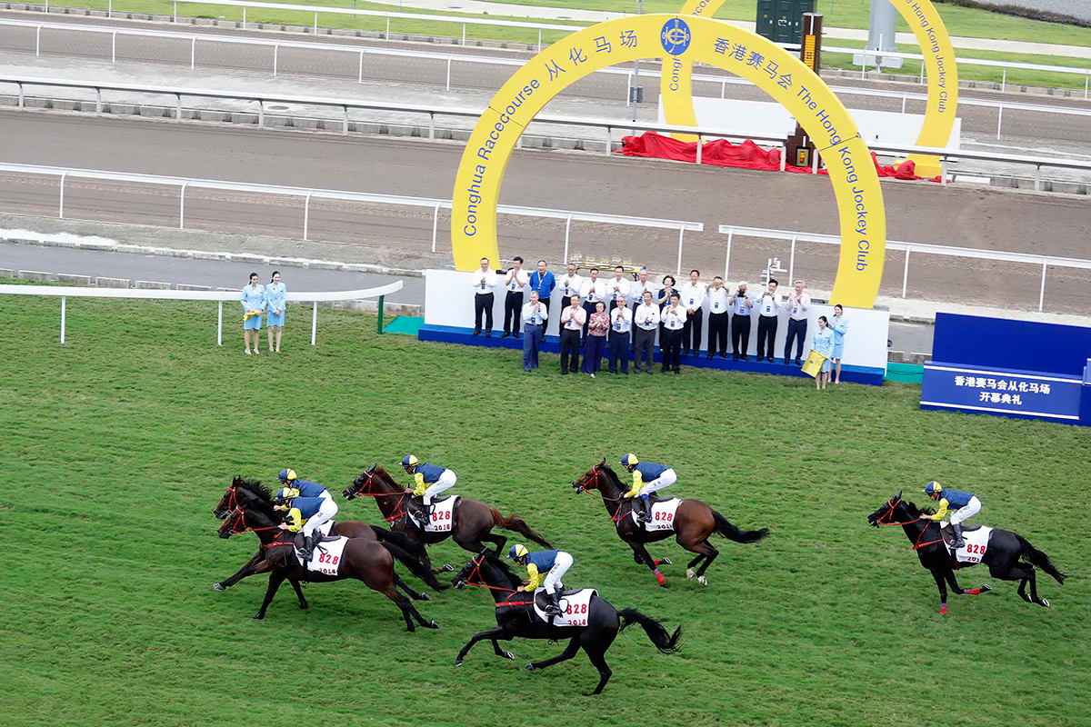 Six horses ridden by Hong Kong jockeys dash past the Winning Arch on the turf track.