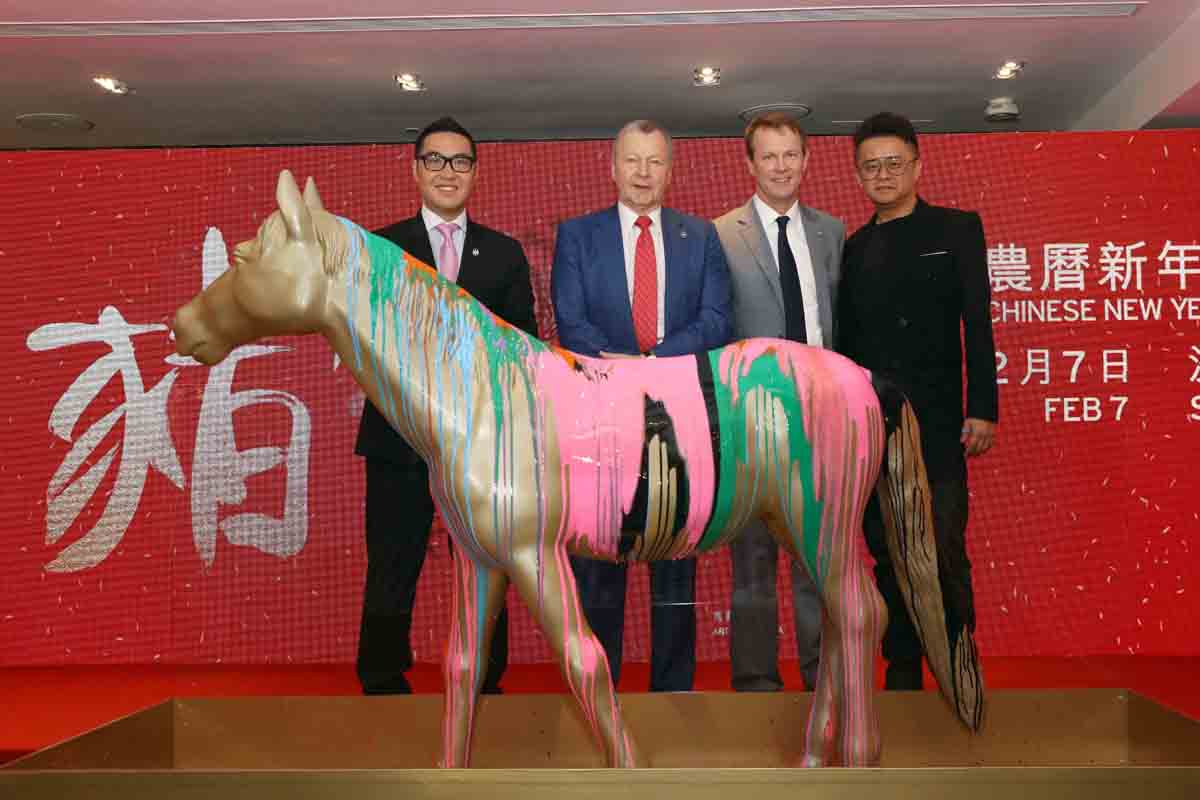 The Hong Kong Jockey Club's Chief Executive Officer, Mr. Winfried Engelbrecht-Bresges (second from left), hosted a press conference today (18 January), together with Executive Director of Racing Mr. Andrew Harding (second from right) and Executive Director of Customer and International Business Development Mr. Richard Cheung (far left), to announce the spectacular on-course activities at Sha Tin Racecourse on Thursday 7 February, the third day of the Chinese New Year. Cross-media artist Mr. Simon Ma (far right) was also in attendance.