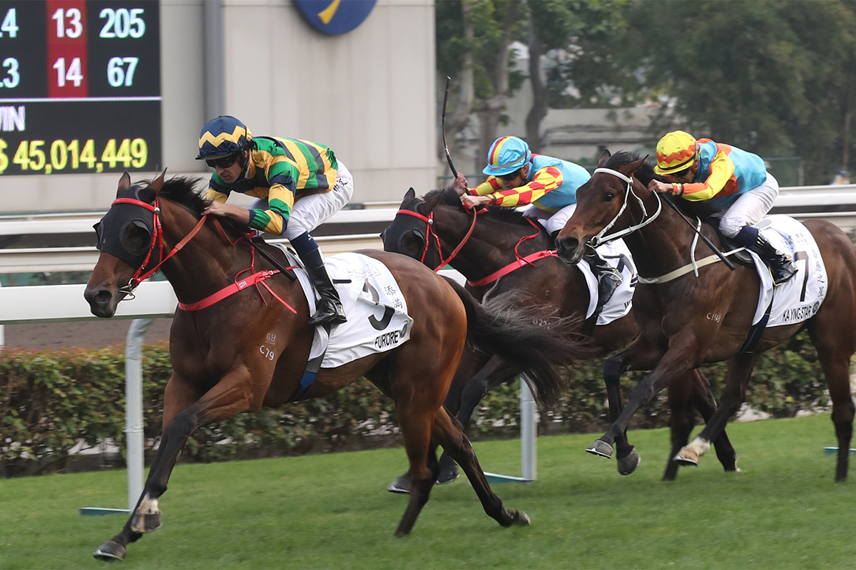 The Frankie Lor-trained Furore (No.3), with Hugh Bowman on board, storms home to take the Hong Kong Classic Mile, the first leg of the Four-Year-Old Classic Series, at Sha Tin Racecourse today.