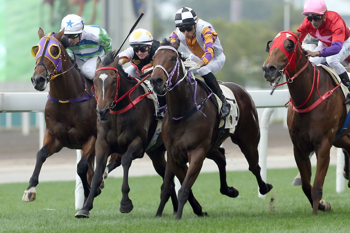Zac Purton drives Solar Wai Wai (white cap, red bridle) to victory.