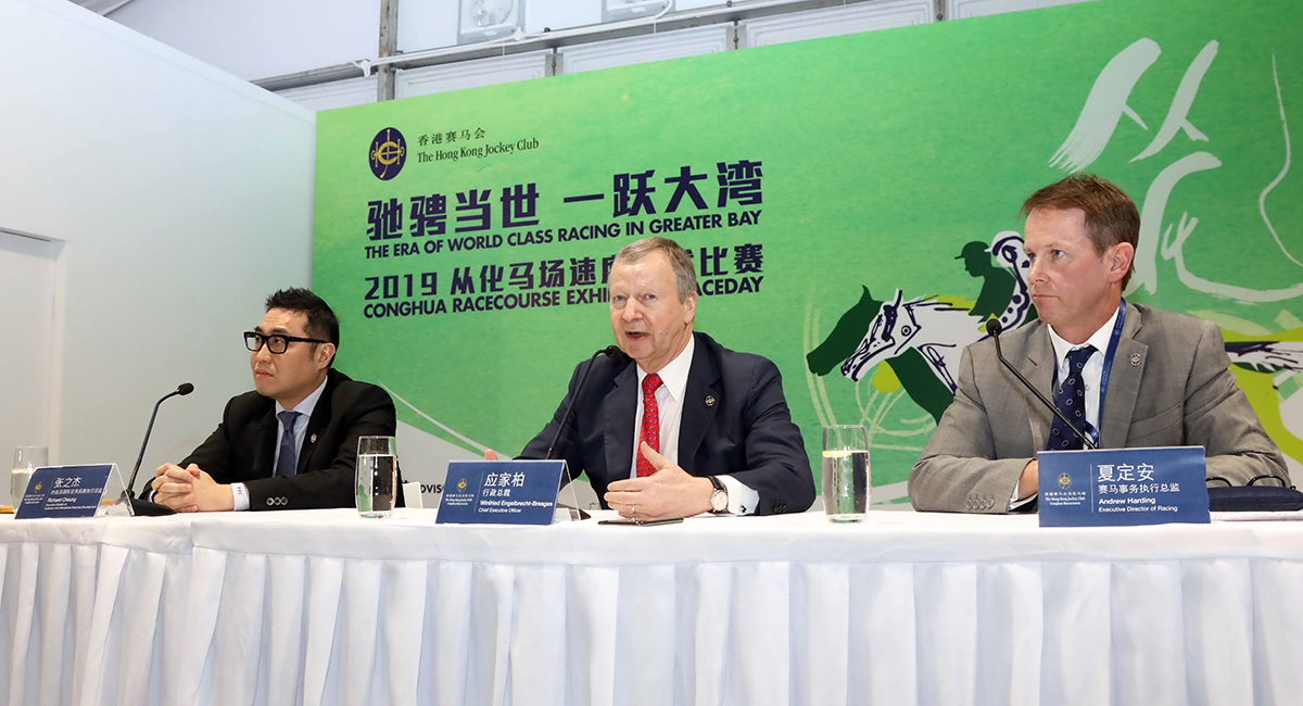 Club CEO Winfried Engelbrecht-Bresges (centre), Executive Director, Customer and International Business Development Richard Cheung (left) and Executive Director, Racing Andrew Harding speak with members of the media after the races.