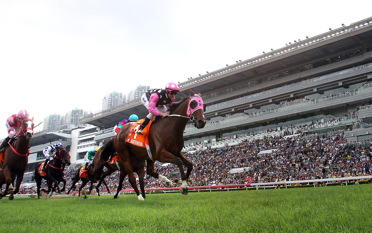 Beauty Generation (No. 1), trained by John Moore and ridden by Zac Purton, wins the Group 1 FWD Champions Mile at Sha Tin Racecourse today. Singapore Sling and Simply Brilliant finish second and third respectively in the HK$18 million event.