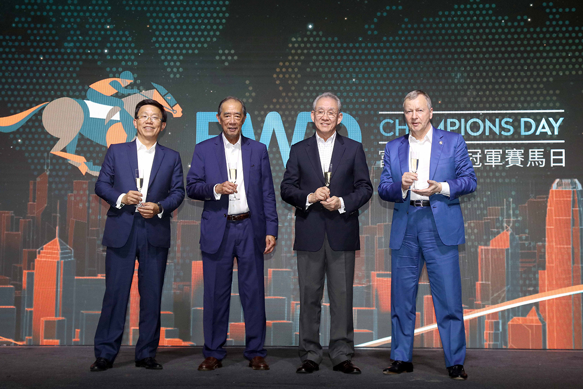 Officiating guests raise a toast for an exciting FWD Champions Day on 28 April. From left: Mr. Huynh Thanh Phong, Chief Executive Officer, FWD Group; The Hon. Ronald Arculli GBM CVO GBS OBE JP, Chairman, Board of FWD Group; Dr. Anthony Chow, Chairman, The Hong Kong Jockey Club; and Mr. Winfried Engelbrecht-Bresges, Chief Executive Officer, The Hong Kong Jockey Club.