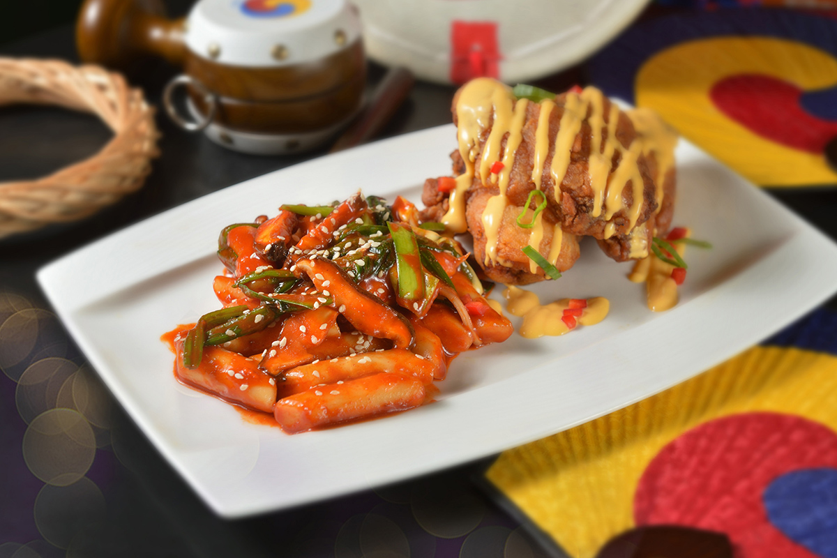 Korean Crispy Chicken, Rice Cake with Sweet and Spicy Sauce