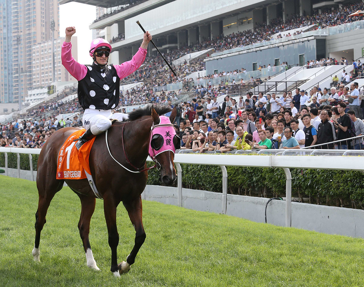 Zac Purton celebrates aboard Beauty Generation in front of a packed Sha Tin crowd.