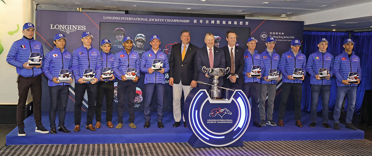 The Club’s Chief Executive Officer Mr. Winfried Engelbrecht-Bresges; Mr. Andrew Harding, Executive Director, Racing; Mr. William A Nader, Director of Racing Business and Operations and jockeys pose for a group photo. From left (photo 1): Pierre-Charles Boudot (France), Yuga Kawada (Japan), James McDonald (Australia), Silvestre de Sousa (Britain), Karis Teetan (Hong Kong), Frankie Dettori (Italy), Mr. William A Nader, Mr. Winfried Engelbrecht-Bresges, Mr. Andrew Harding, Zac Purton (Hong Kong), Oisin Murphy (Britain), Ryan Moore (Britain), Colin Keane (Ireland) and Joao Moreira (Hong Kong).