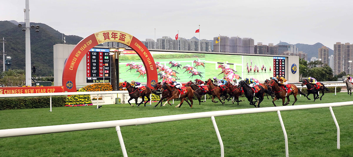 The Danny Shum-trained Perfect Match (No. 13), ridden by Alexis Badel take the Class 1 Chinese New Year Cup Handicap at Sha Tin Racecourse today.