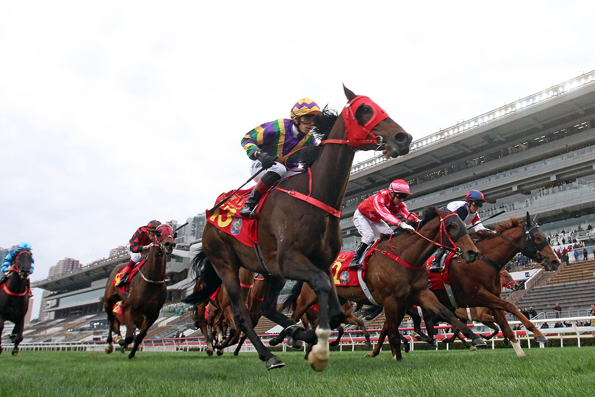 The Danny Shum-trained Perfect Match (No. 13), ridden by Alexis Badel take the Class 1 Chinese New Year Cup Handicap at Sha Tin Racecourse today.