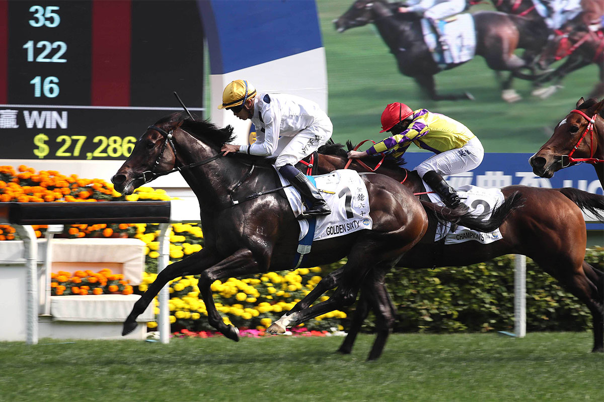 The Francis Lui-trained Golden Sixty, with Vincent Ho on board, takes the Hong Kong Classic Cup (1800m), the second leg of the Four-Year-Old Classic Series, at Sha Tin Racecourse today.