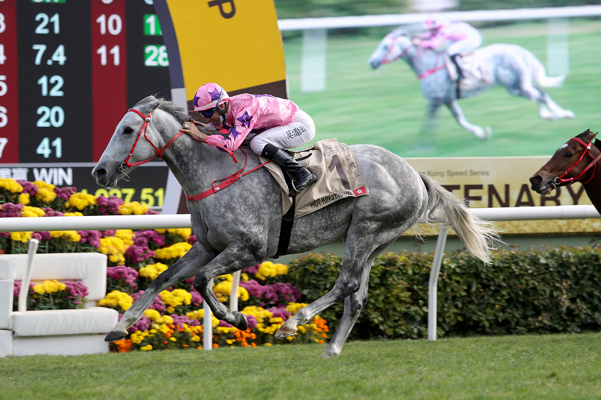 The John Size-trained Hot King Prawn (No. 1), ridden by Joao Moreira, takes the G1 Centenary Sprint Cup (1200m), the opening leg of the 2020/21 Hong Kong Speed Series, at Sha Tin Racecourse today.