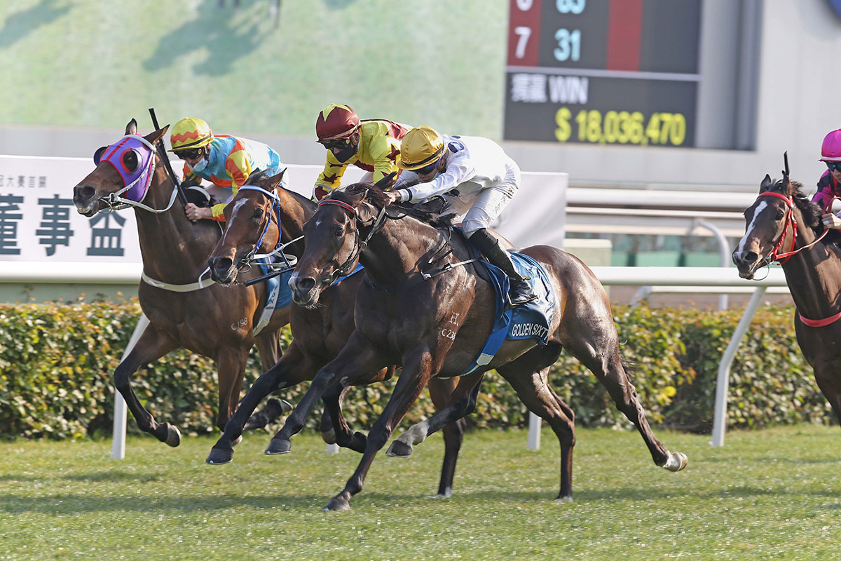 The Francis Lui-trained Golden Sixty (No. 1), ridden by Vincent Ho, takes the G1 Stewards’ Cup (1600m), the opening leg of the Triple Crown, at Sha Tin Racecourse today.