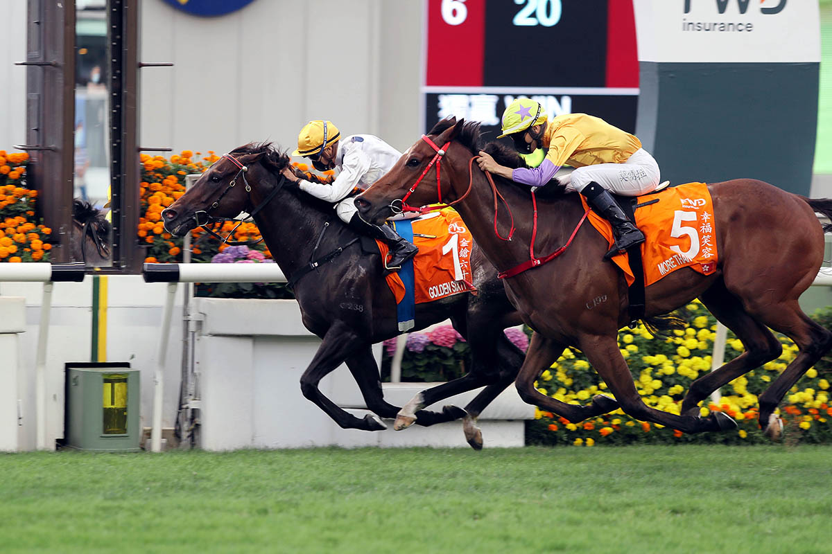 Golden Sixty (No. 1), trained by Francis Lui and ridden by Vincent Ho, wins the Group 1 FWD Champions Mile at Sha Tin Racecourse today. More Than This and Southern Legend finish second and third respectively in the HK$20 million event.