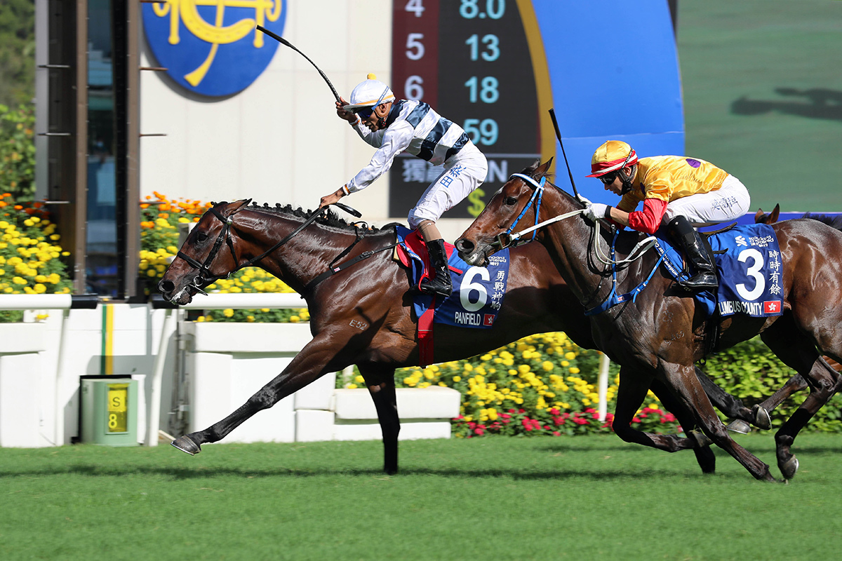The Anthony Millard-trained Panfield (No. 6), with Karis Teetan on board, wins in the G1 Standard Chartered Champions & Chater Cup (2400m) at Sha Tin Racecourse today.
