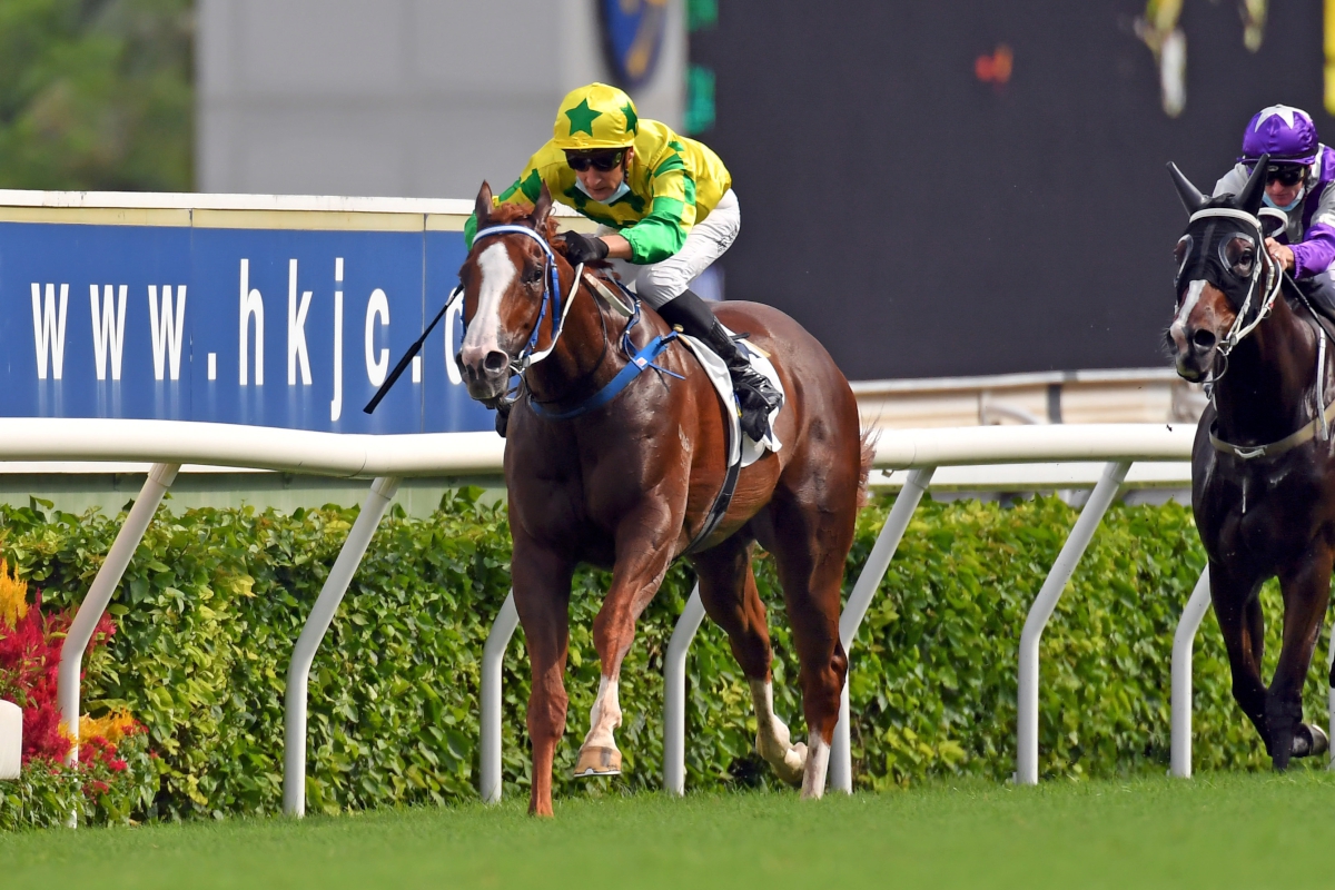 The Caspar Fownes-trained Sky Field, ridden by Blake Shinn, wins the G3 Premier Cup Handicap at Sha Tin Racecourse today.