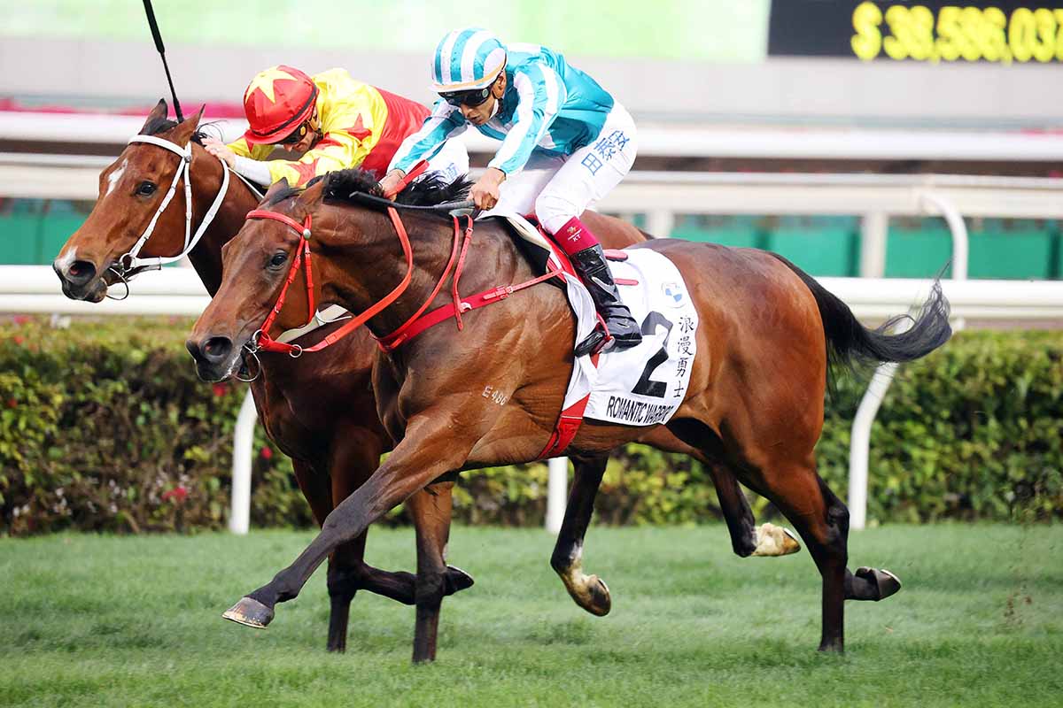 The Danny Shum-trained Romantic Warrior, ridden by Karis Teetan, takes the BMW Hong Kong Derby (2000m), the final leg of the Four-Year-Old Classic Series, at Sha Tin Racecourse today.