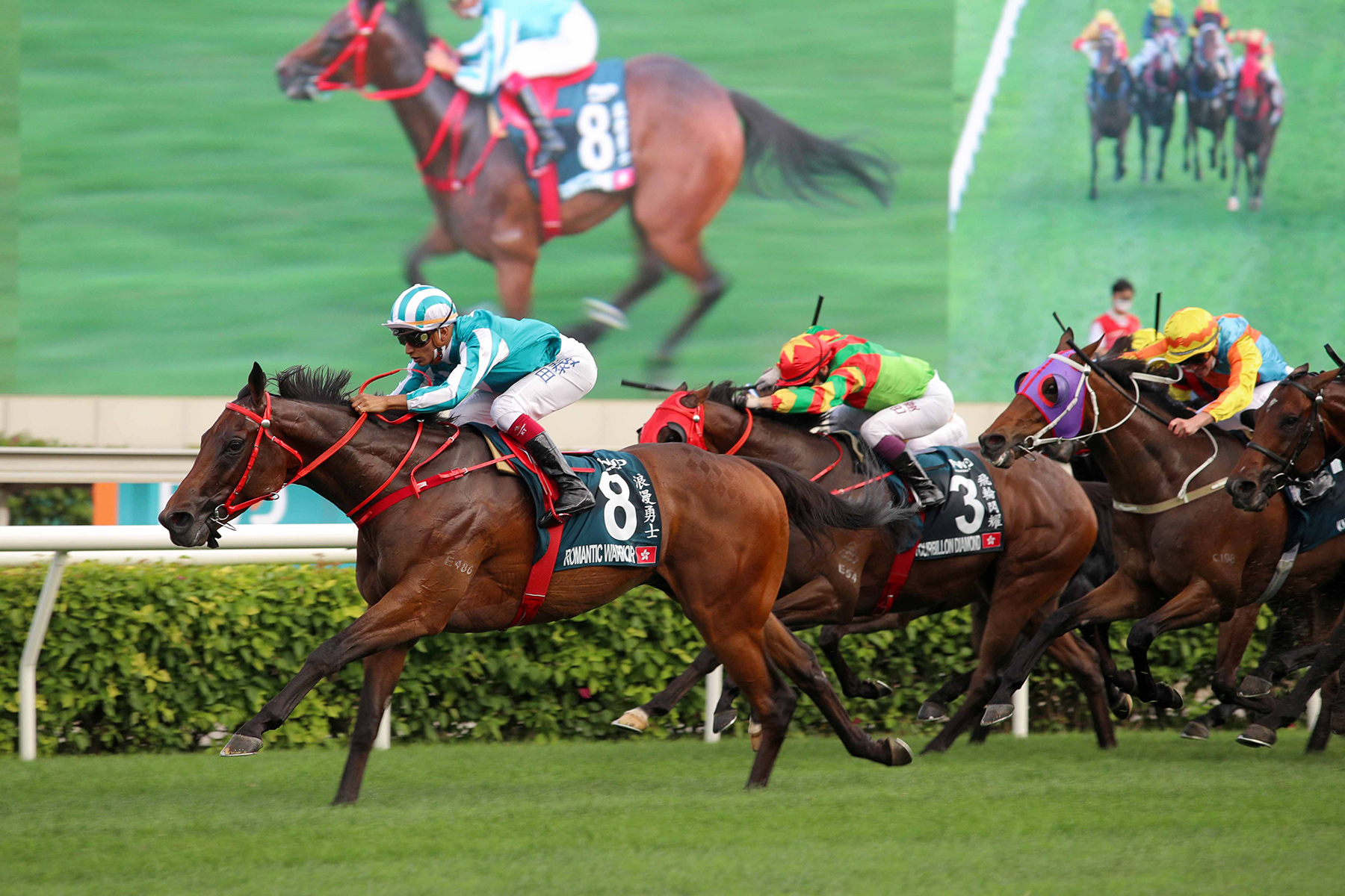Romantic Warrior, trained by Danny Shum and ridden by Karis Teetan, wins the G1 FWD QEII Cup (2000m) at Sha Tin Racecourse today.
