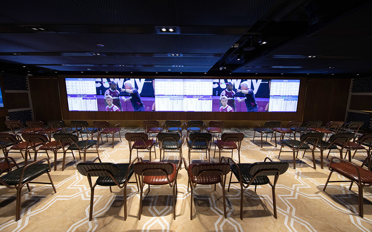 The betting and media hall is equipped with multiple large high-definition television screens.