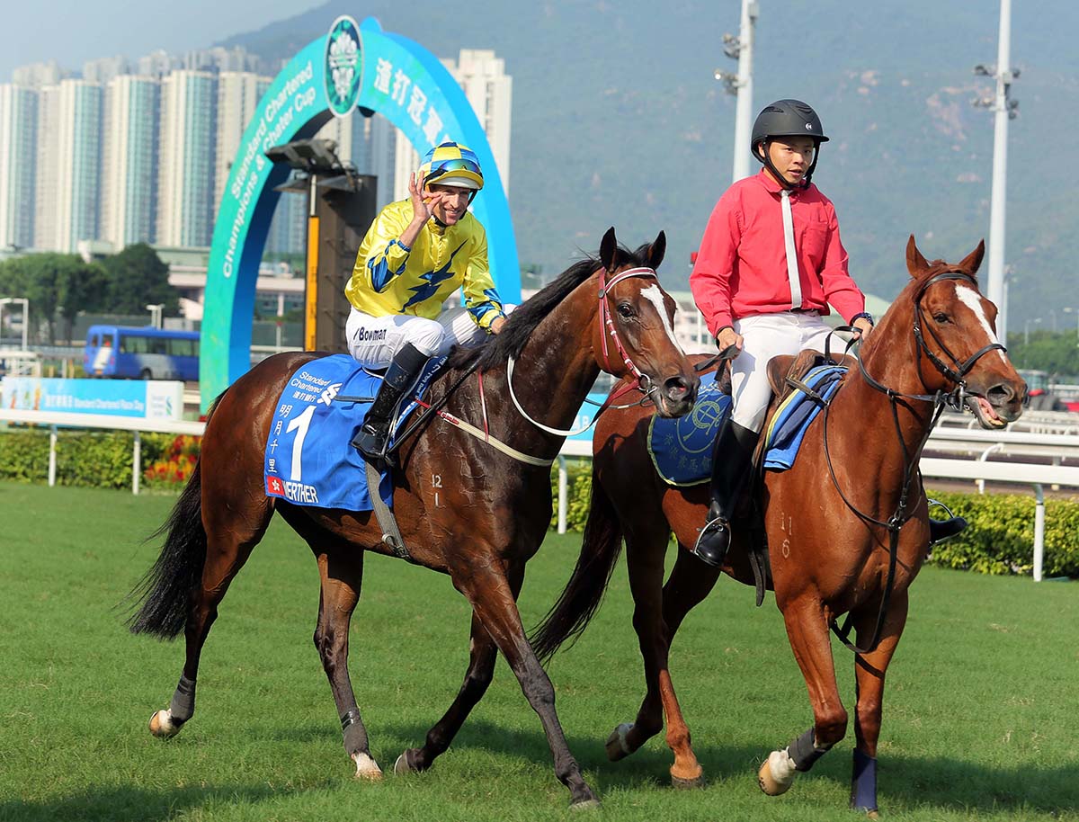 Hugh Bowman celebrates winning the 2017 G1 Standard Chartered Champions & Chater Cup (2400m) aboard Werther.