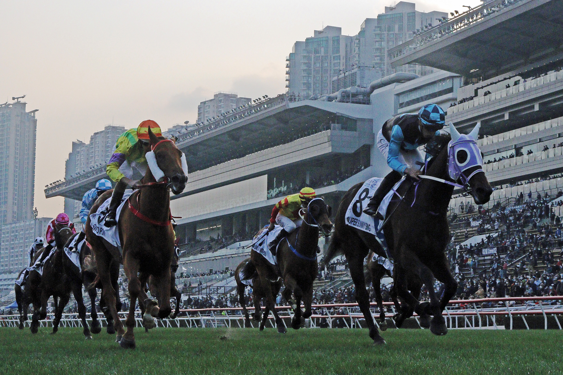 The Chris So-trained Super Sunny Sing (No. 8), ridden by Vincent Ho, takes the Hong Kong Classic Cup (1800m) at Sha Tin Racecourse today (Sunday, 26 February).